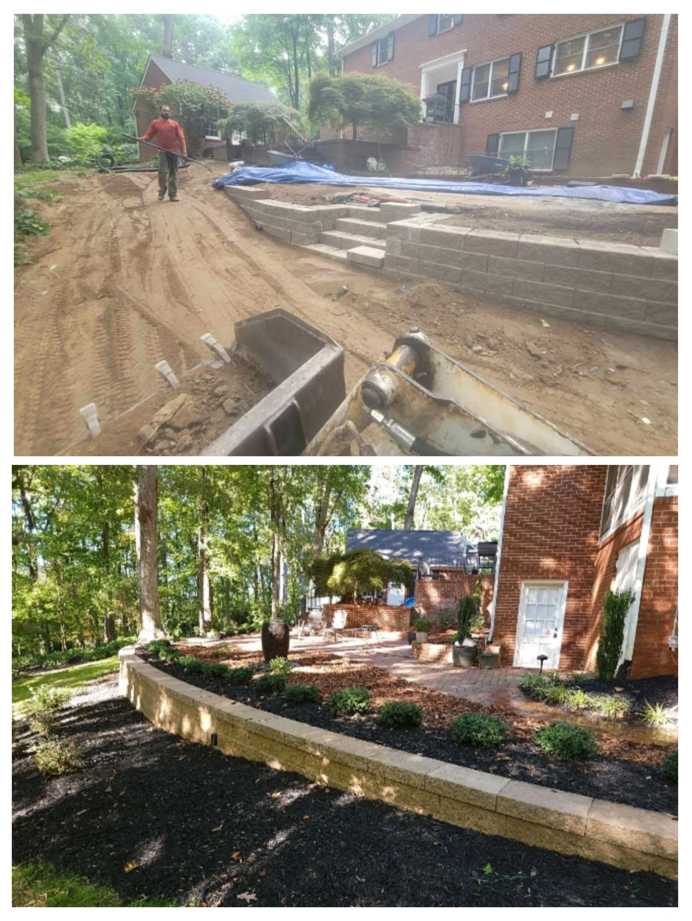 Before and after retaining wall and patio installation