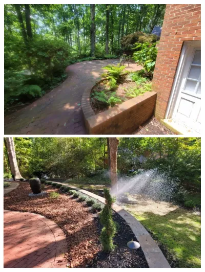 Two views show a completed residential landscape featuring curved brick patios, raised planters, established plantings, and an active irrigation system in a wooded environment.