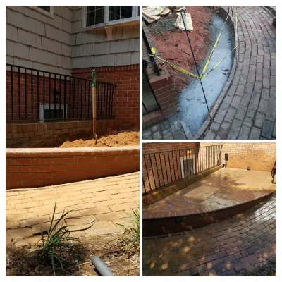 A four-panel collage documenting the construction of a curved brick patio and walkway adjacent to a residential building, showing both finished and unfinished sections.