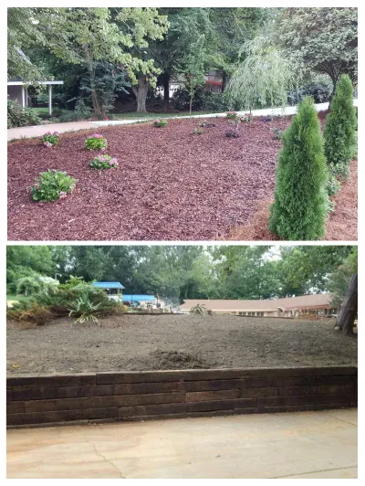 A composite photograph showing a newly planted, mulched garden bed and a lower area featuring a timber retaining wall with bare, graded soil.