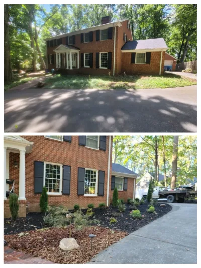 A comparison image shows a traditional red brick house before and after a significant front yard landscaping installation featuring new mulch and plantings.